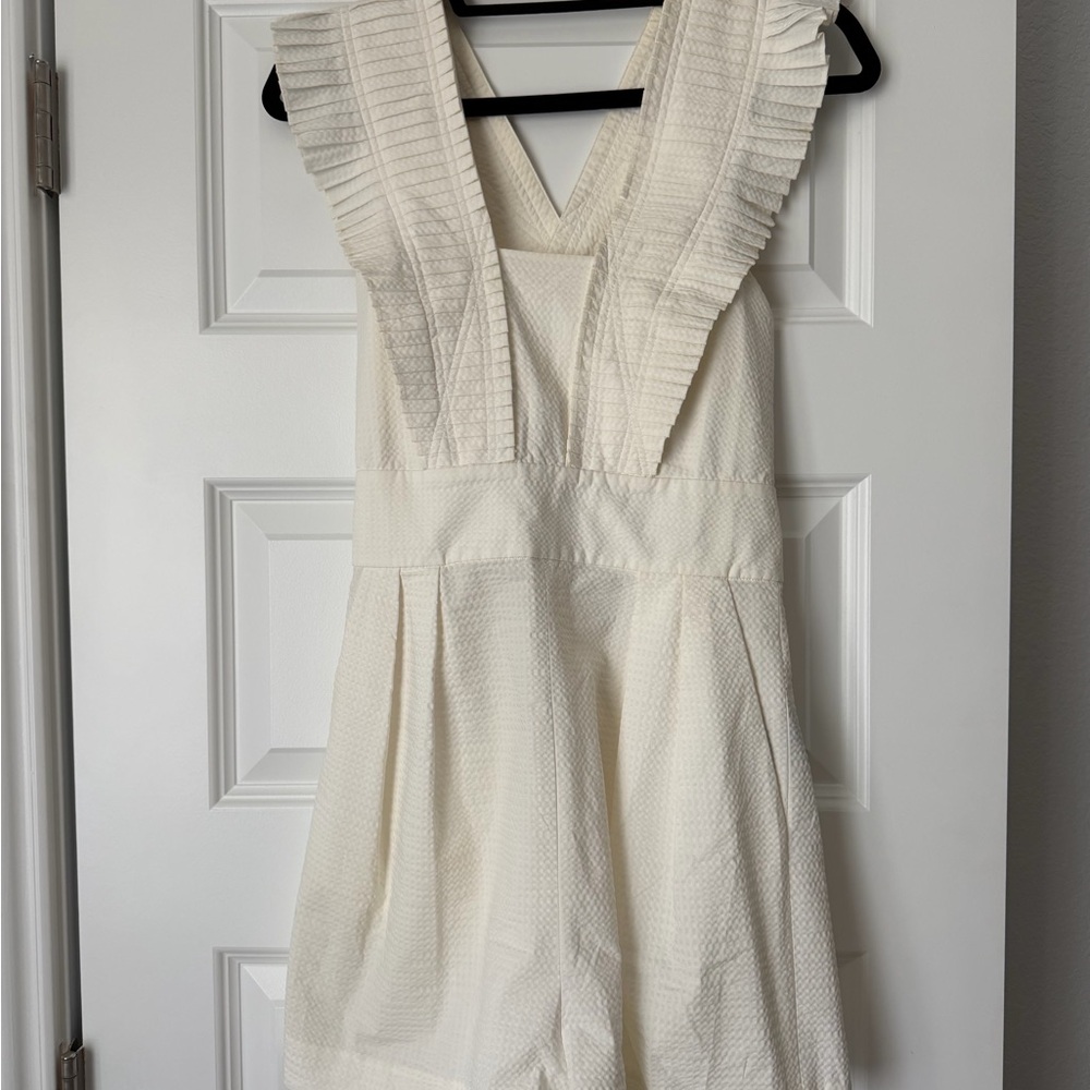 Women's Cream Textured V-Neck Ruffle Romper